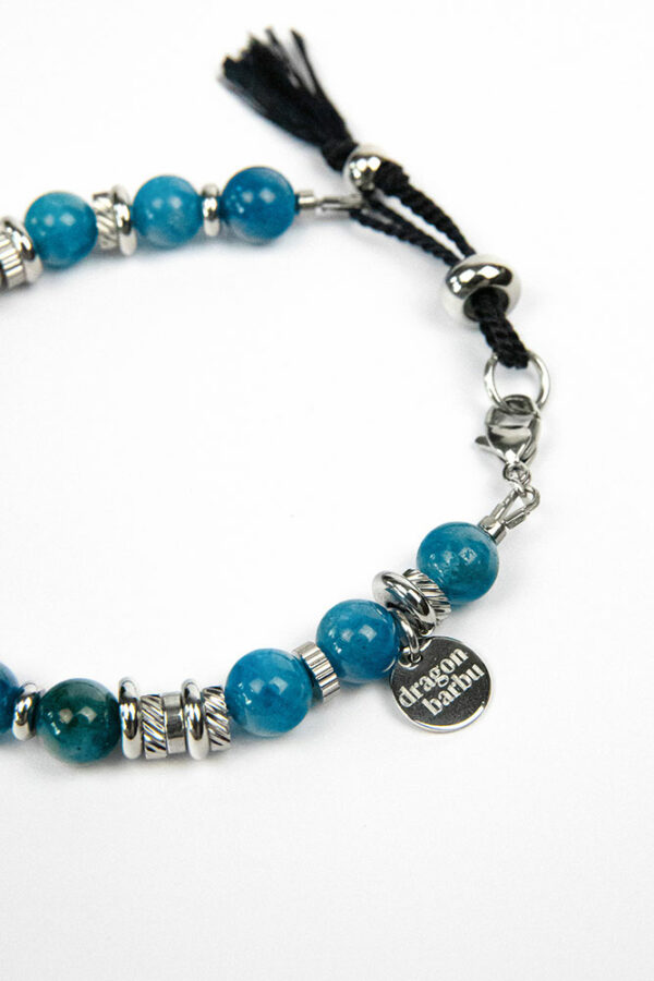 Bracelet bohème chic en apatite bleue et acier inoxydable pour hommes et femmes détails gravure