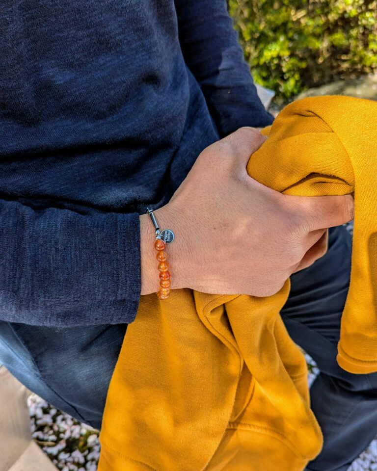 Zoom sur bracelet unisexe durable en pierres de cornaline et acier inoxydable dragon barbu